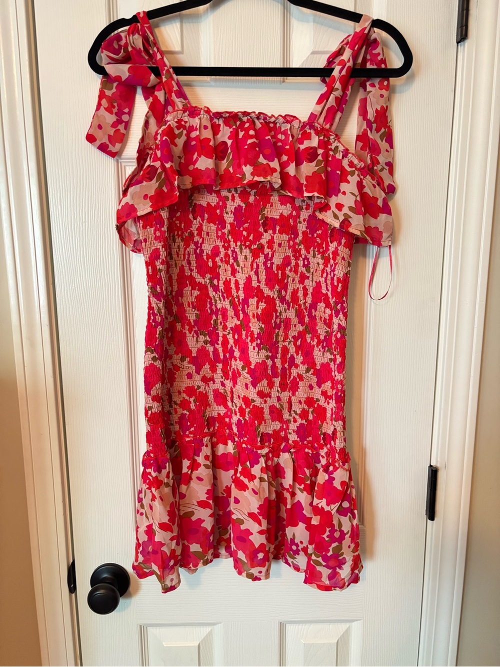 Vici Pink and Cream Floral Smocked Mini Dress with Ruffle Straps